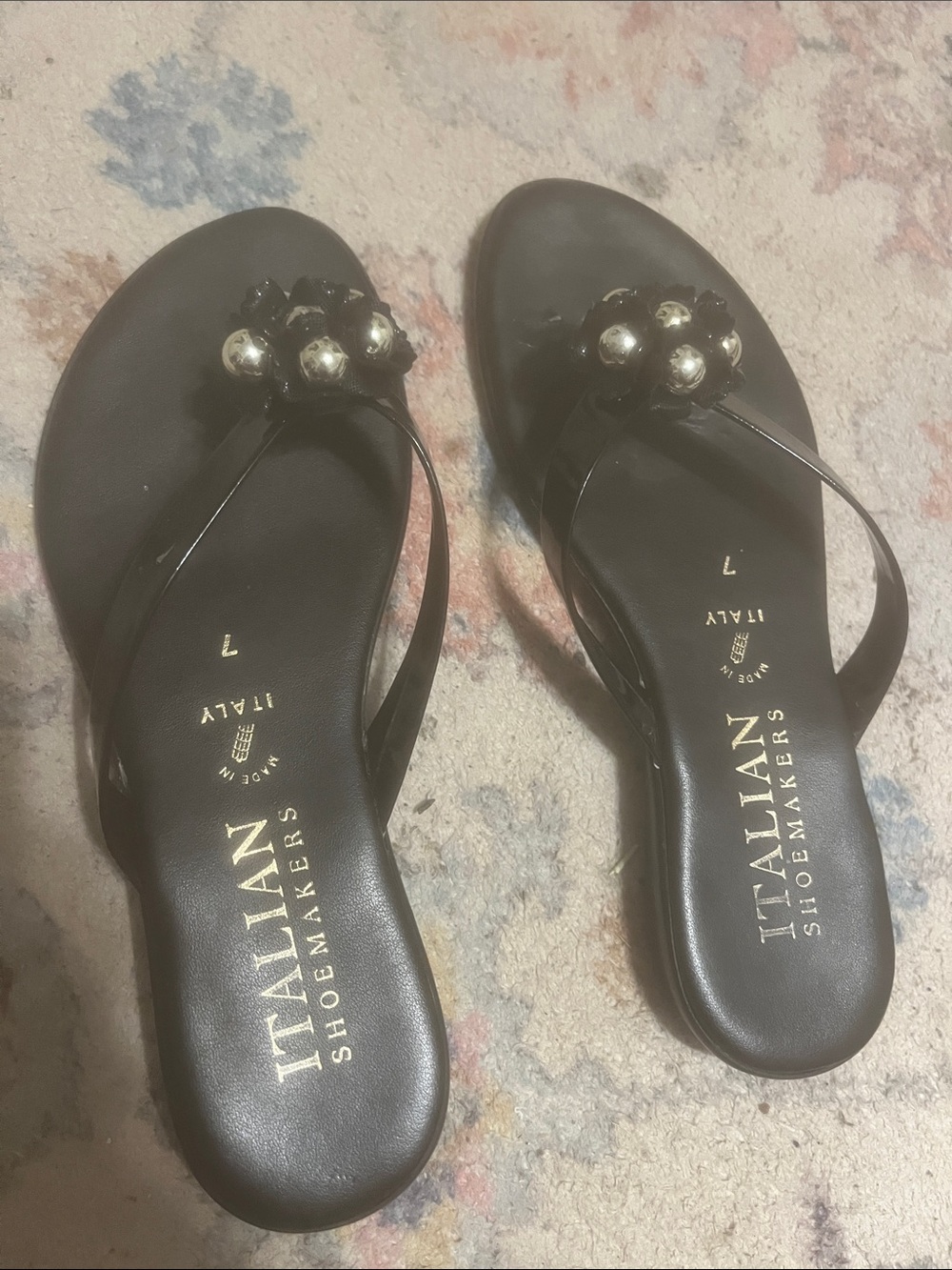 Italian Shoemakers Black Pearl-Cluster Thong Sandals